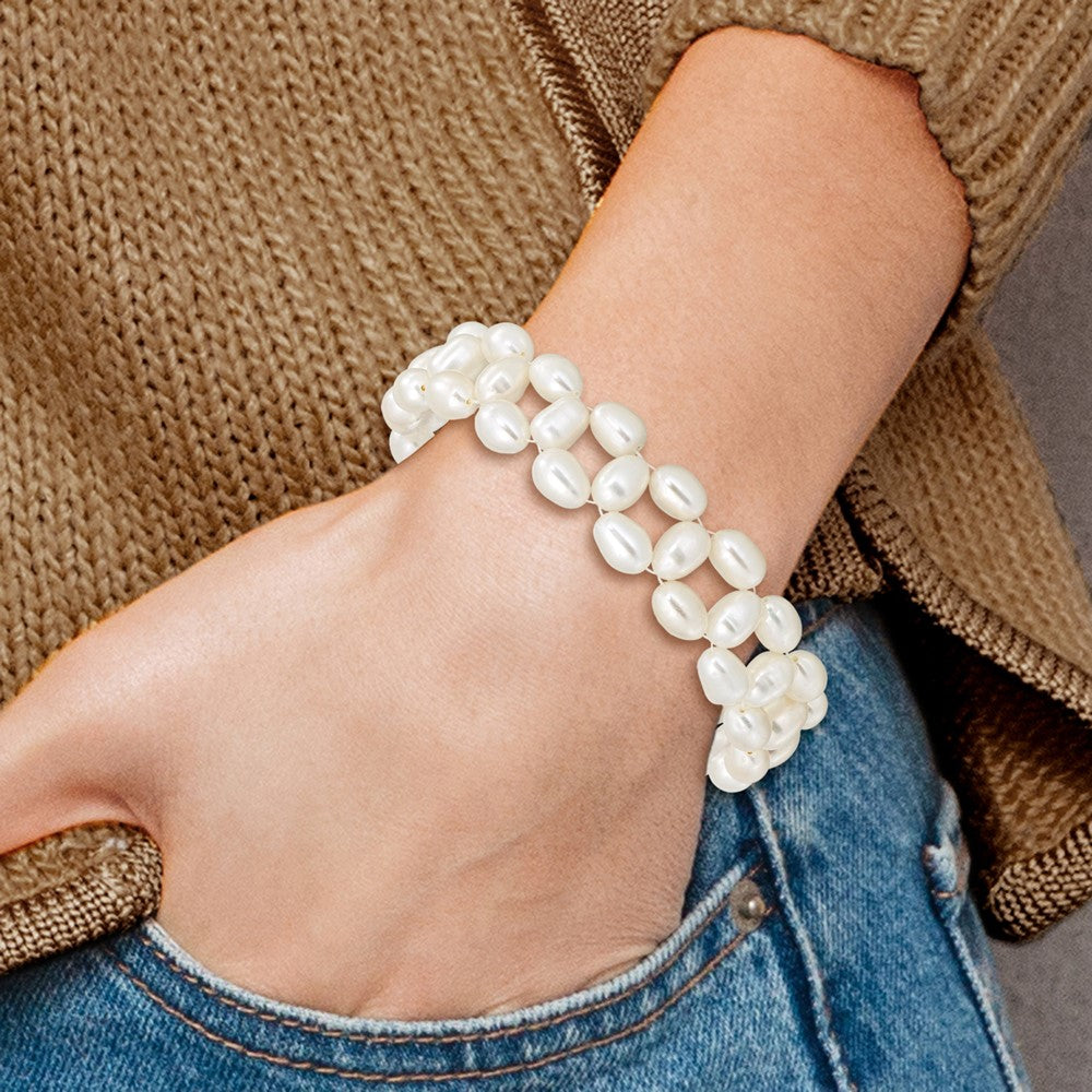 Fashion 6-7mm White Rice Freshwater Cultured Pearl Stretch Bracelet