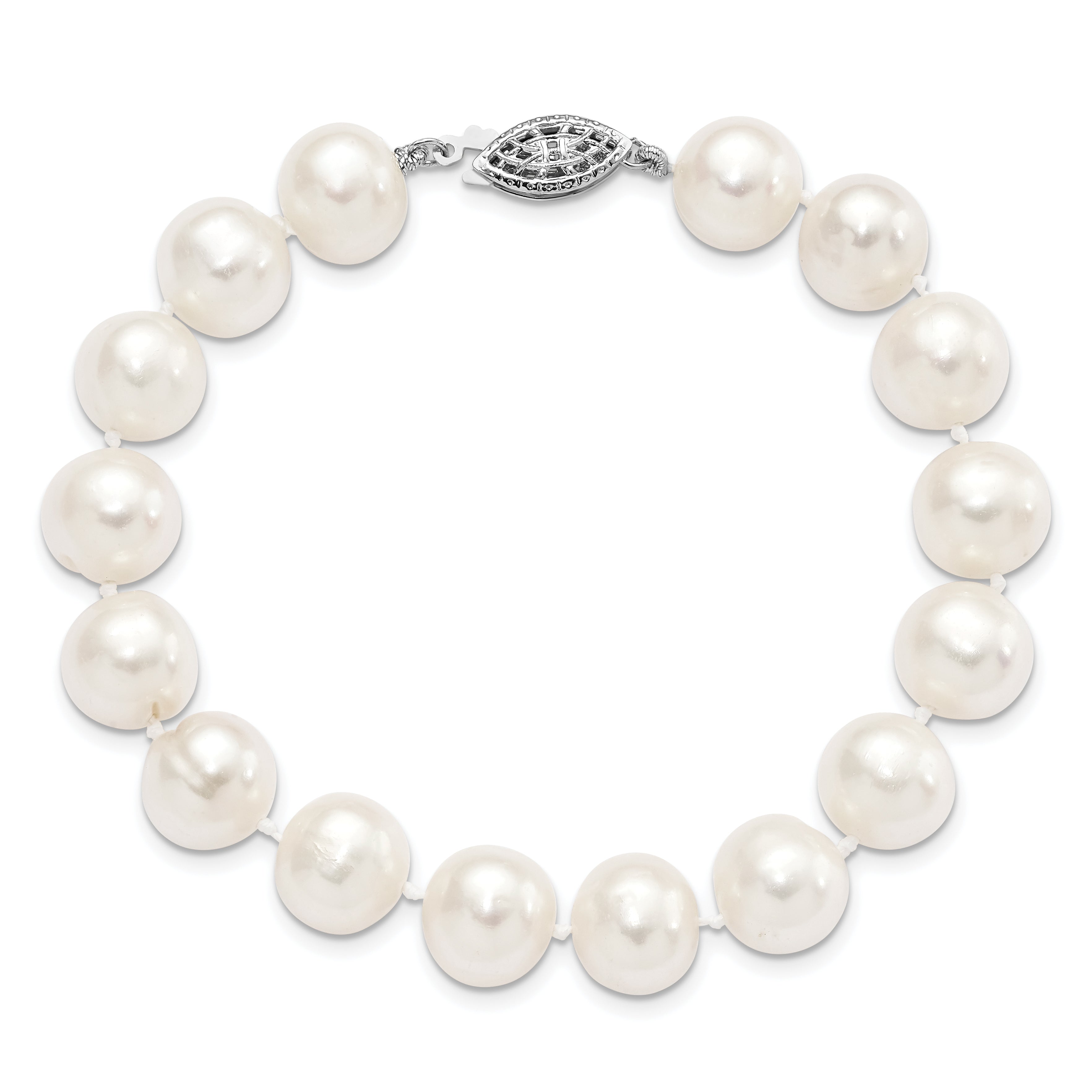 8.25 Inch Sterling Silver Rhodium-Plated 10-11mm White Fw Cultured Pearl Bracelet