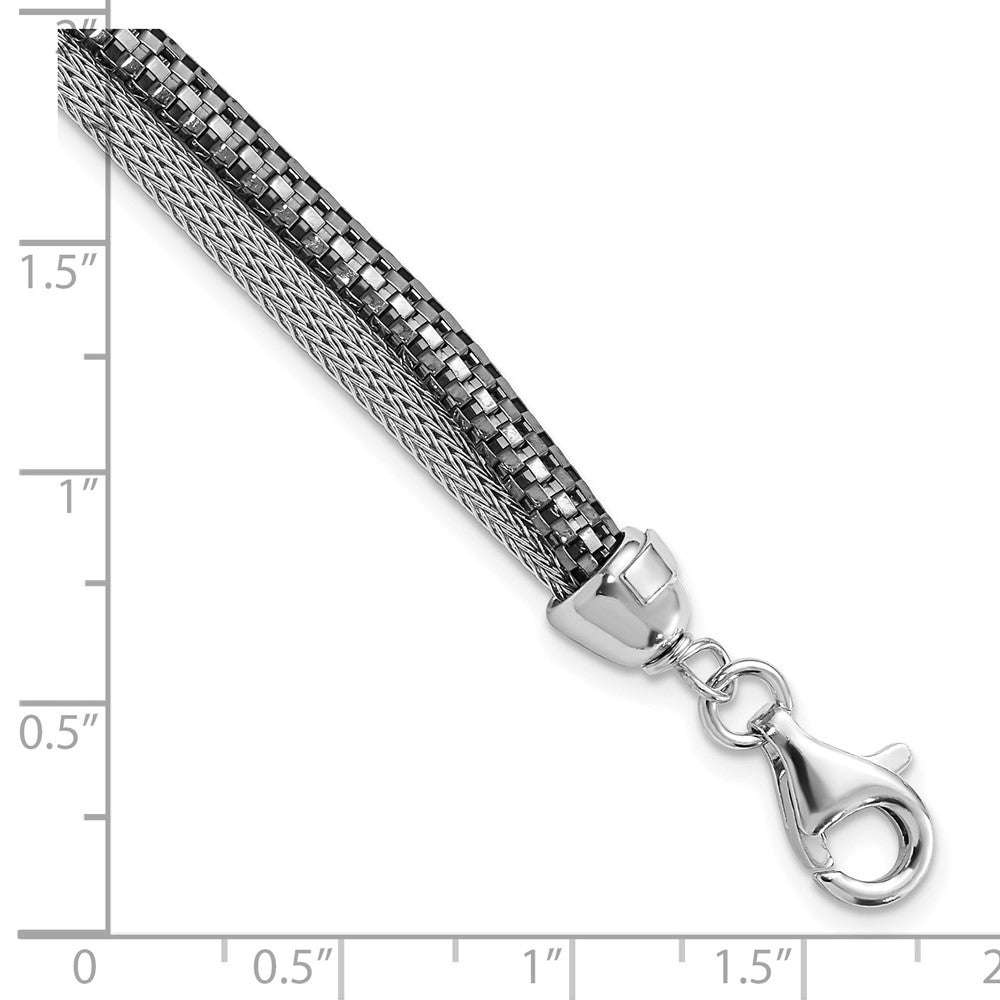 7.5 Inch Sterling Silver W/ Black Rhodium Woven & Box Link Two Strand Bracelet