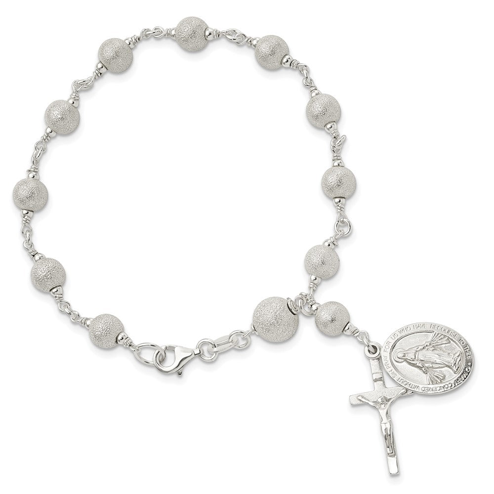 7.75 Inch Sterling Silver Polished Laser-Cut Rosary Bracelet