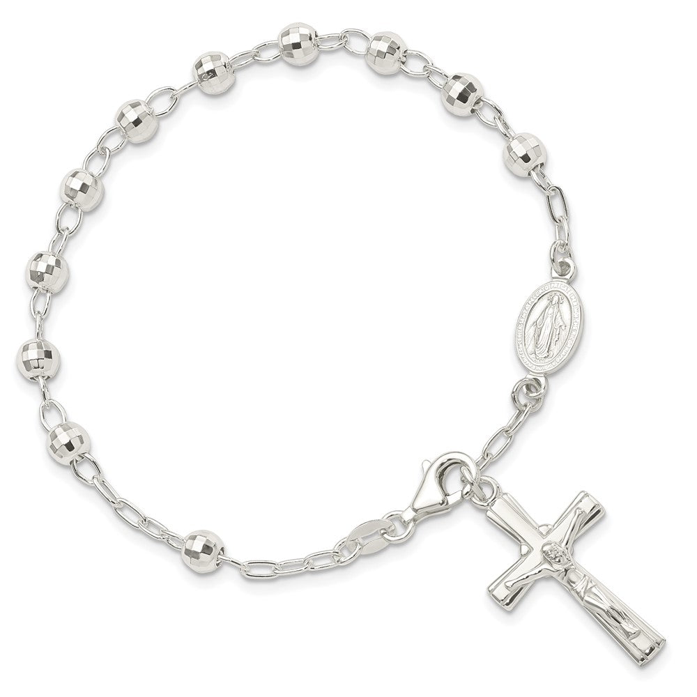 Sterling Silver Polished Beaded Rosary 7.5 Inch Bracelet