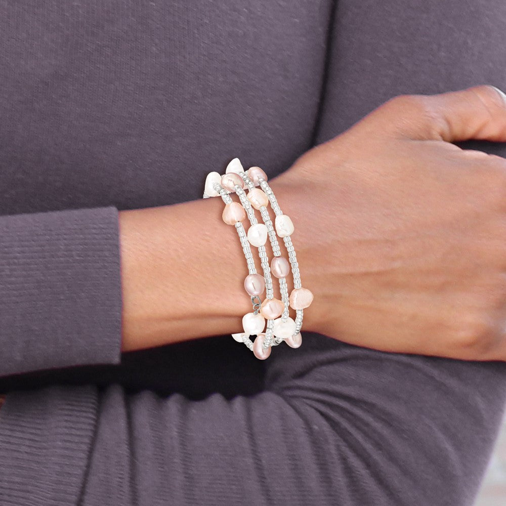 22.5 Inch 6-7mm Multicolored Baroque Freshwater Cultured Pearl And Glass Beaded Wrap Bracelet