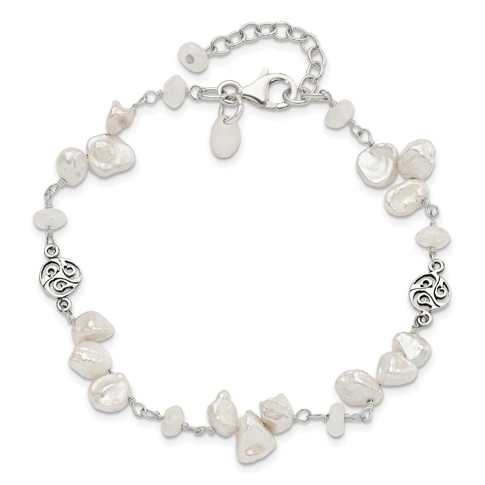 7.5 Inch Sterling Silver Fwc Keshi Pearl W/Moonstone 1In Ext. Fancy Bracelet