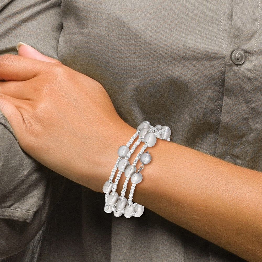 Fashion 8-9mm Grey Baroque Freshwater Cultured Pearl And Glass Beaded Wrap Bracelet