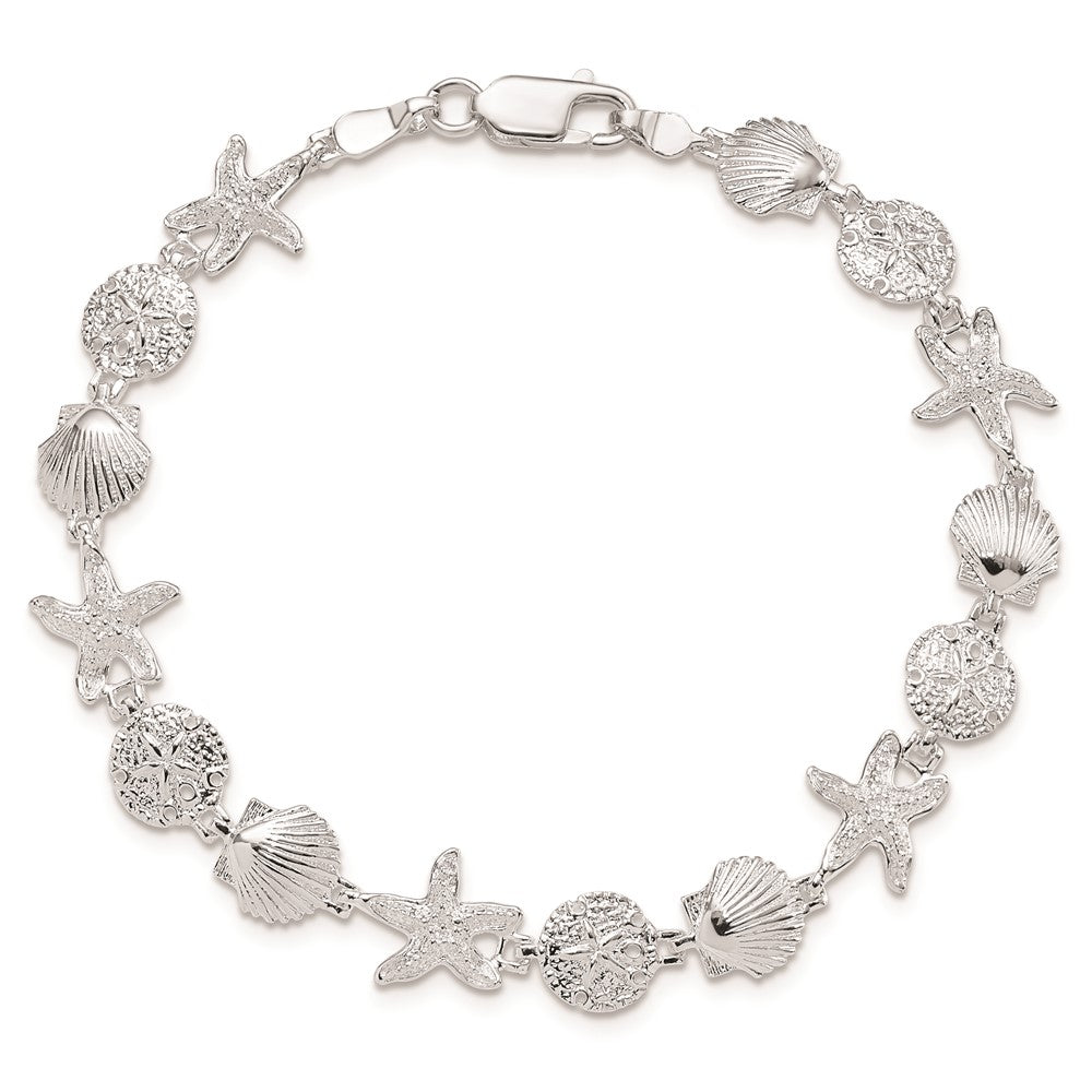 7.25 Inch De-Ani Sterling Silver Rhodium-Plated Polished Sand Dollar / Shell Starfish Bracelet