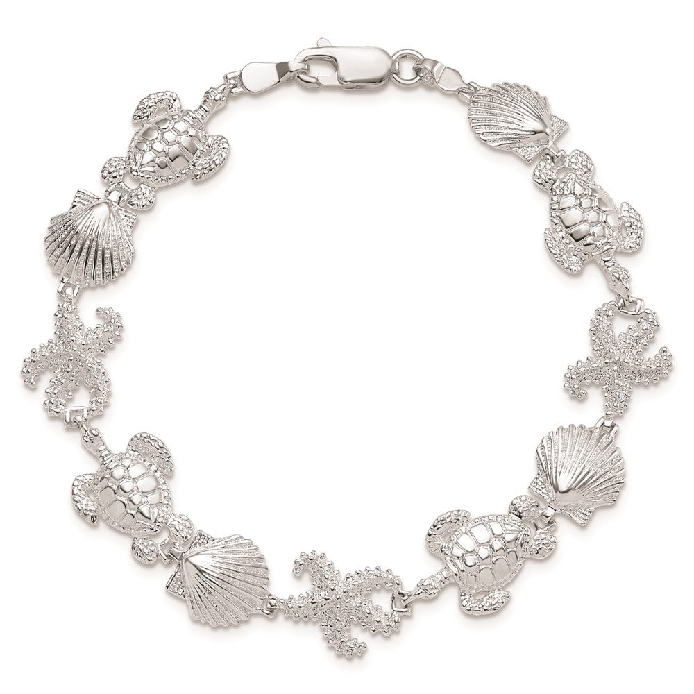 7.5 Inch De-Ani Sterling Silver Rhodium-Plated Polished Turtle / Shell Starfish Bracelet