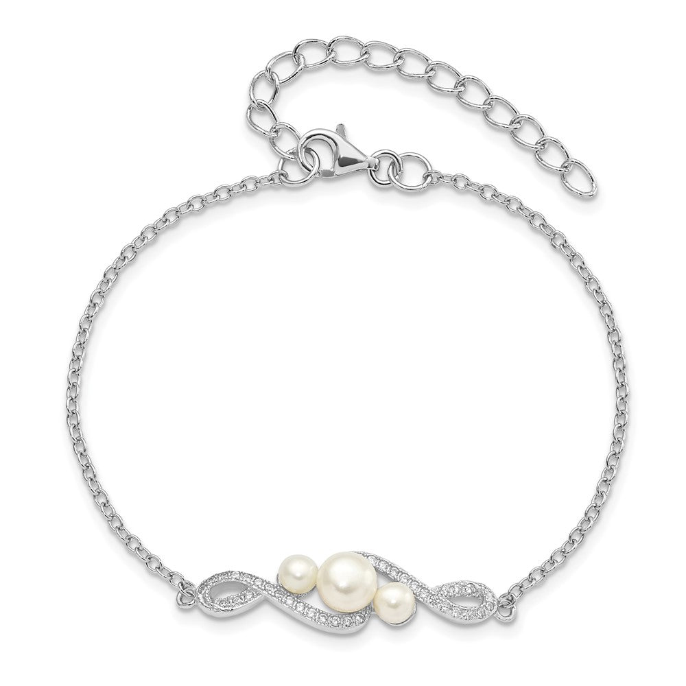 9 Inch Sterling Silver Rh-Pl Cz 4-7mm White Button Fwc Pearl W/ 2In Ext. Bracelet