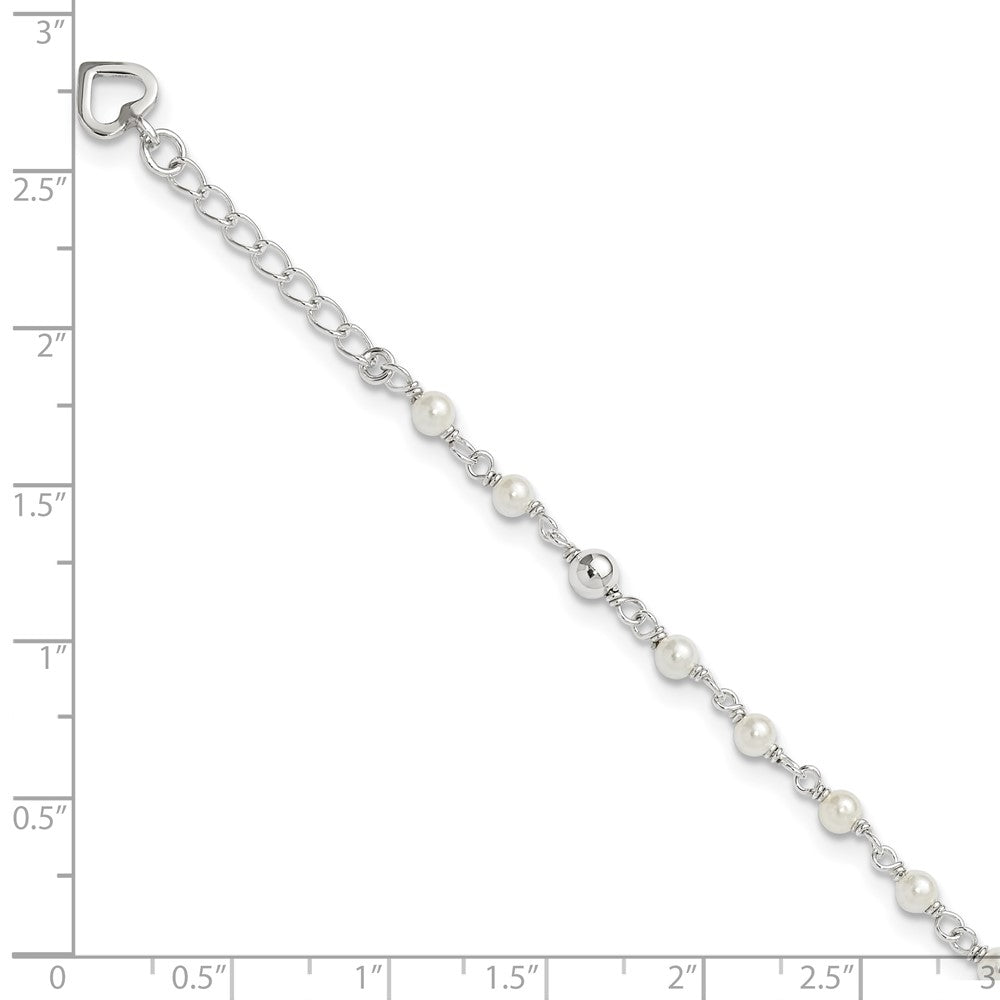 Sterling Silver Polished 9In Plus 1In Ext Fwc Pearl And Heart Anklet