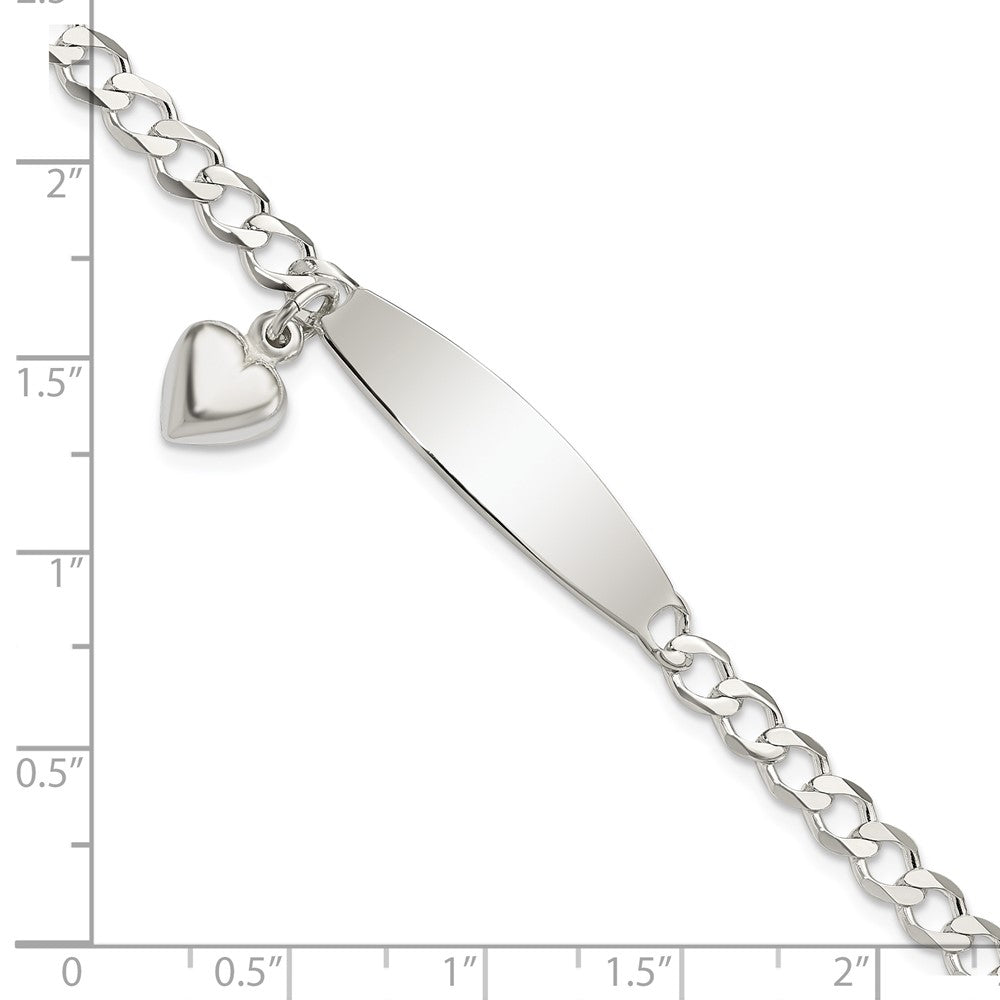 7.5 Inch Sterling Silver Polished Curb Link Id Heart Dangle Bracelet