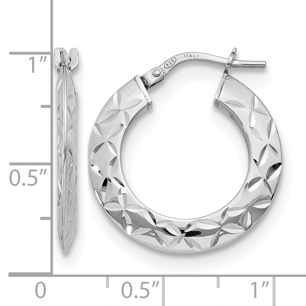 Sterling Silver Rh Plated Polished & Textured Hoop Earrings