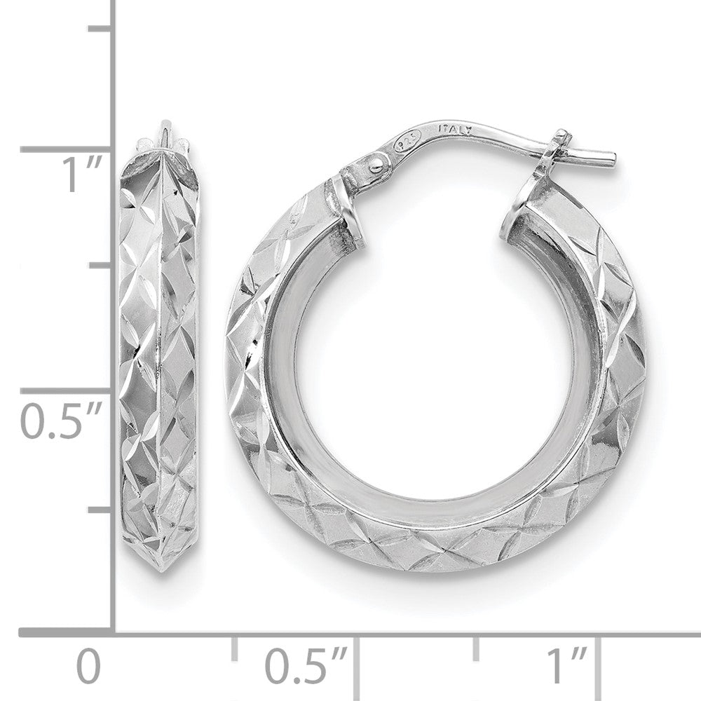 Sterling Silver Rh Plated Polished & D/C Hoop Earrings
