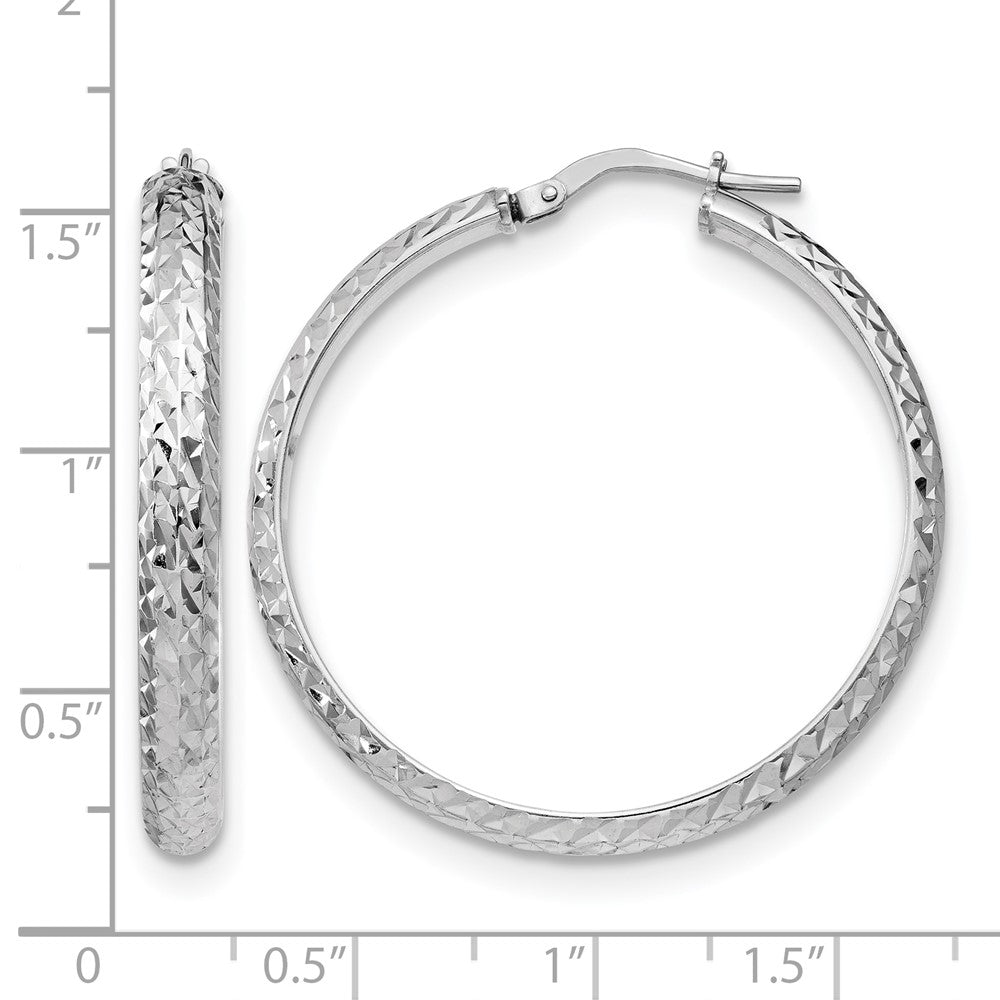 Sterling Silver Rh Plated Polished & Textured Hoop Earrings