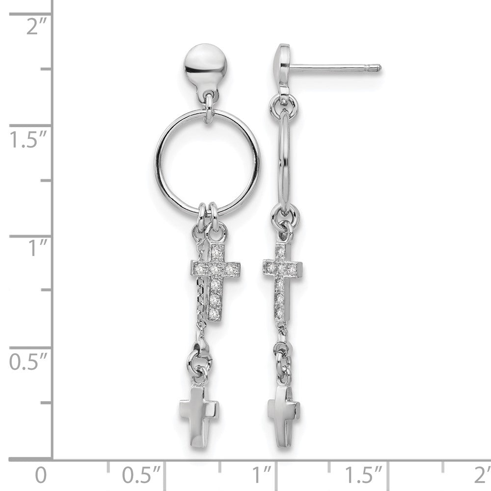 Sterling Silver Rhodium-Plated Cz Cross Dangle Earrings
