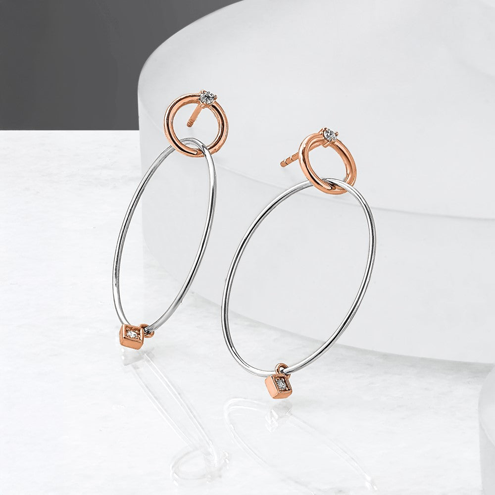 Sterling Silver Rose Gold Plated Rhd Plat Cz Post Dangle Earrings