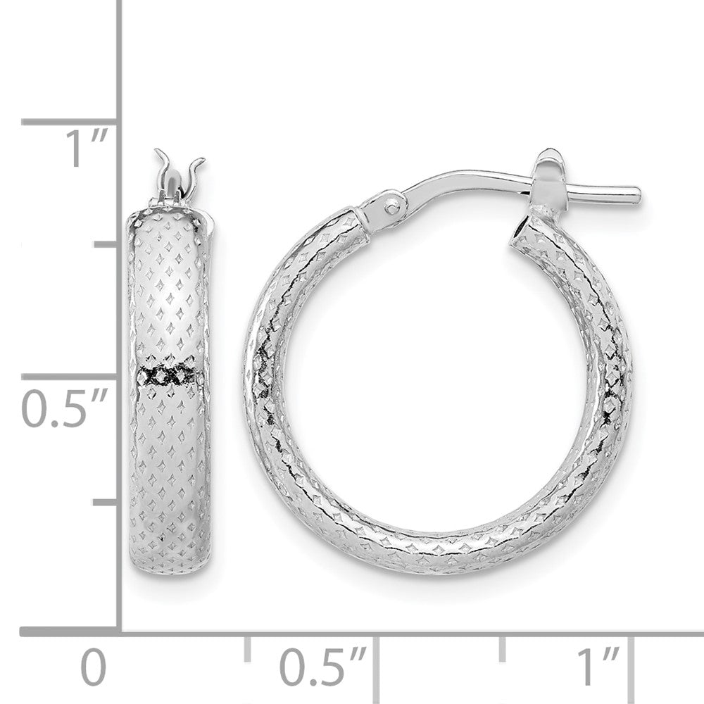 Sterling Silver Rhodium Plated Polished And Textured Hoop Earrings