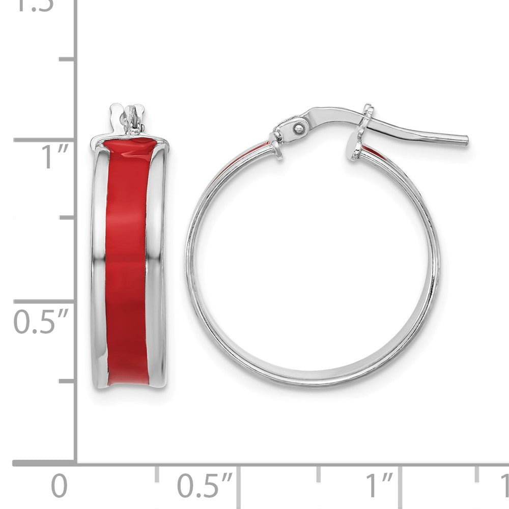 Sterling Silver Rh Plt Polished Red Enamel Round Hoop Earrings