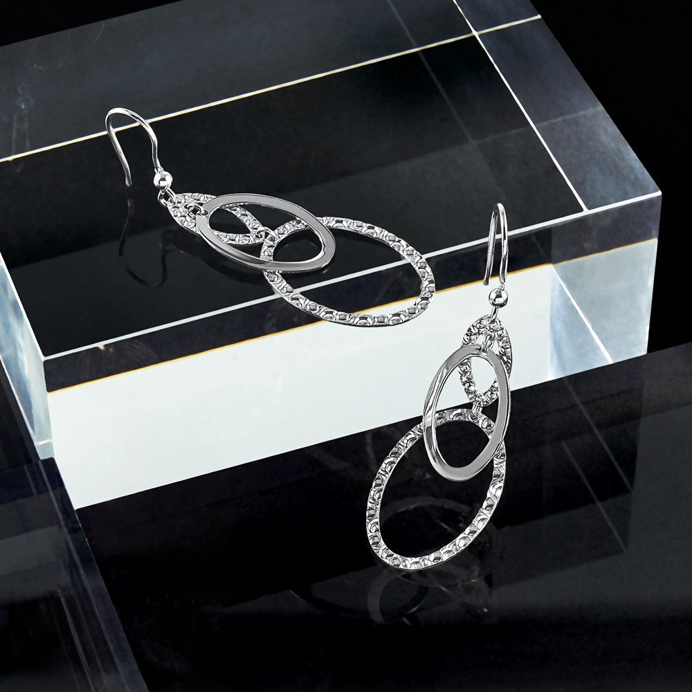 Sterling Silver Rh Plated Polished/Textured Ovals Dangle Earrings
