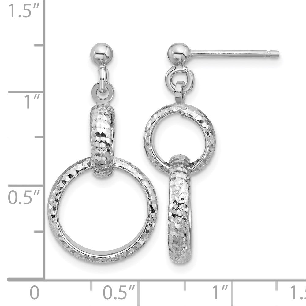 Sterling Silver Ss Rh Plat Polished / Dia Cut Circle Link Dangle Post Earrings