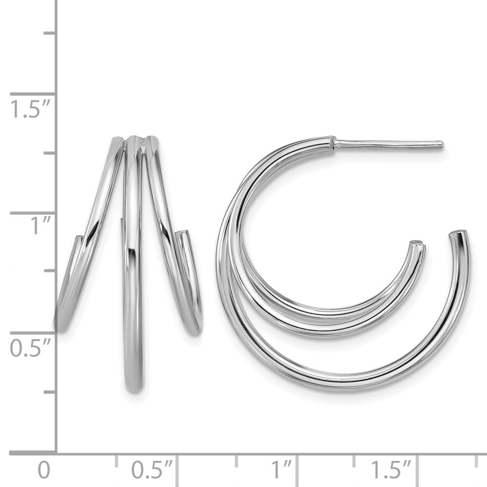 Sterling Silver Rh Plated Polished 3 Row J Hoop Post Earrings