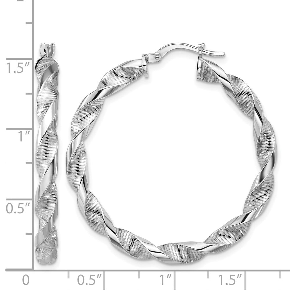 Sterling Silver Rh Plat Polish/Textured Twist Hoop Earrings