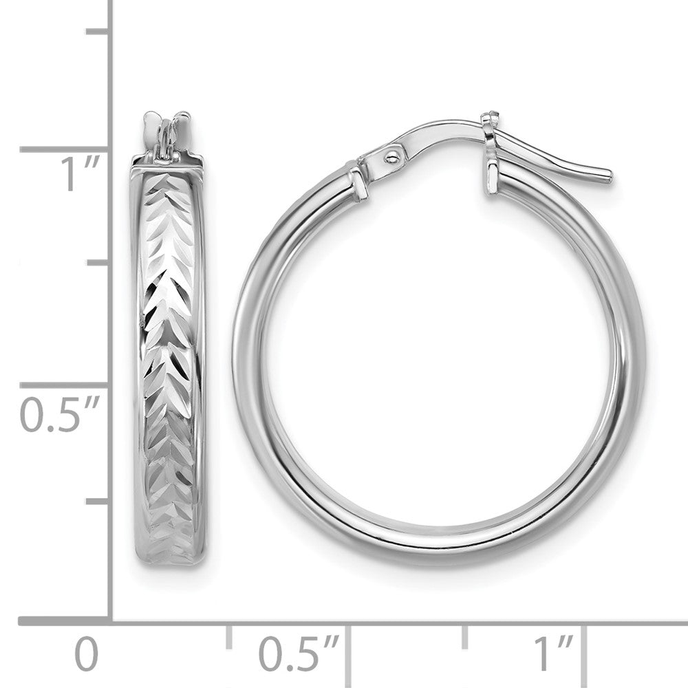 Sterling Silver Rh Plat Polish/Dia Cut Round Hoop Earrings