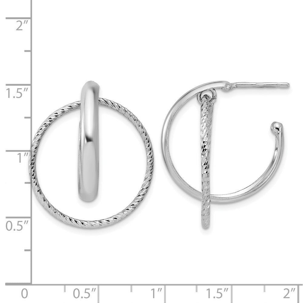 Sterling Silver Ss Rh Plated Polished / Dia Cut Fancy Circles Post J Hoop Earrings