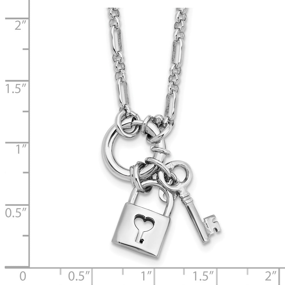 Sterling Silver Rhodium Plated Polished Lock And Key Necklace