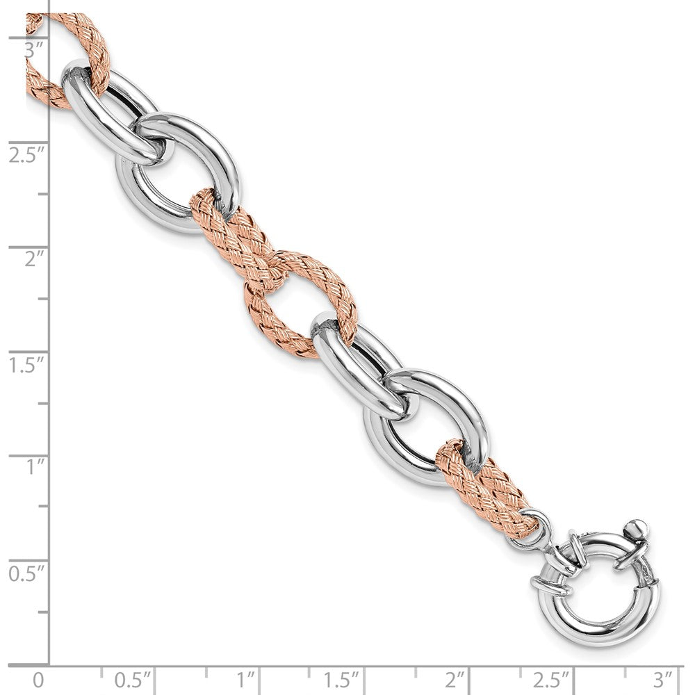 7.5 Inch Sterling Silver Rose-Tone Polished & Woven Link Bracelet