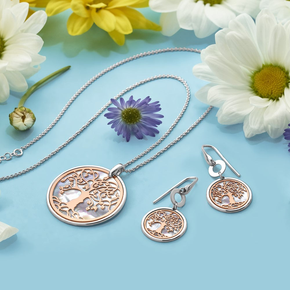 Sterling Silver & Rose Tone Mop Tree Of Life 1In Ext. Necklace