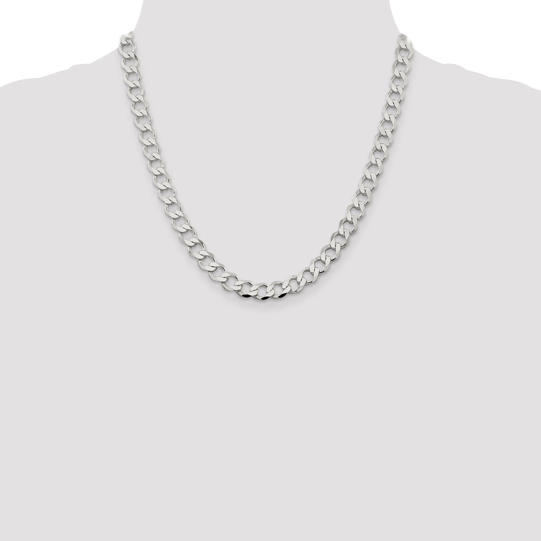 20 Inch Sterling Silver 8.1mm Semi-Solid Flat Curb Chain Necklace