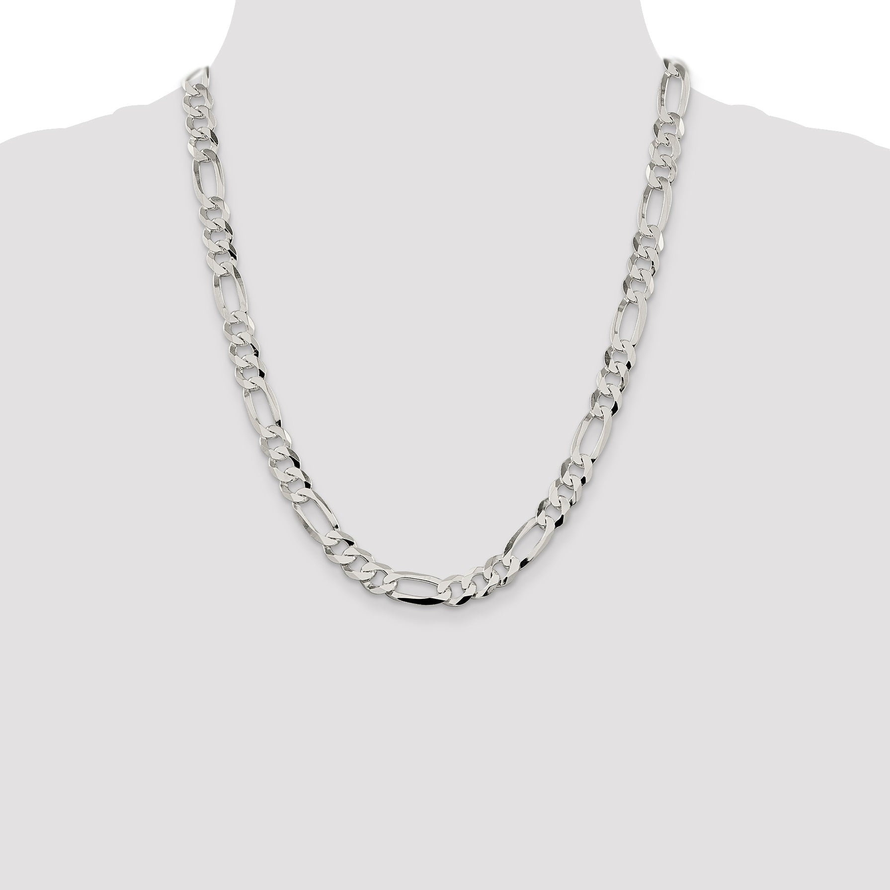 22 Inch Sterling Silver 8.5mm Lightweight Flat Figaro Chain Necklace