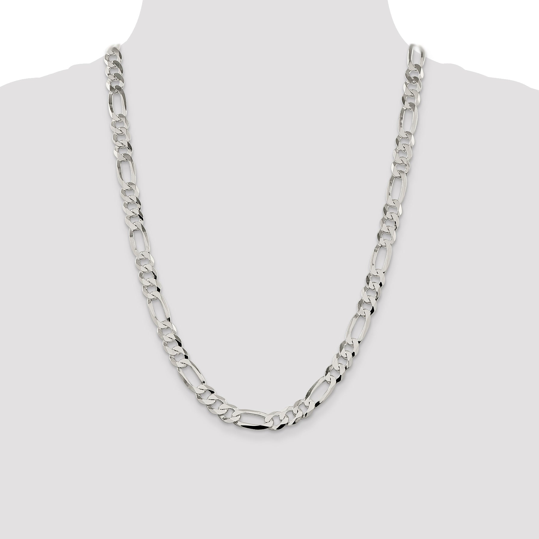 24 Inch Sterling Silver 8.5mm Lightweight Flat Figaro Chain Necklace