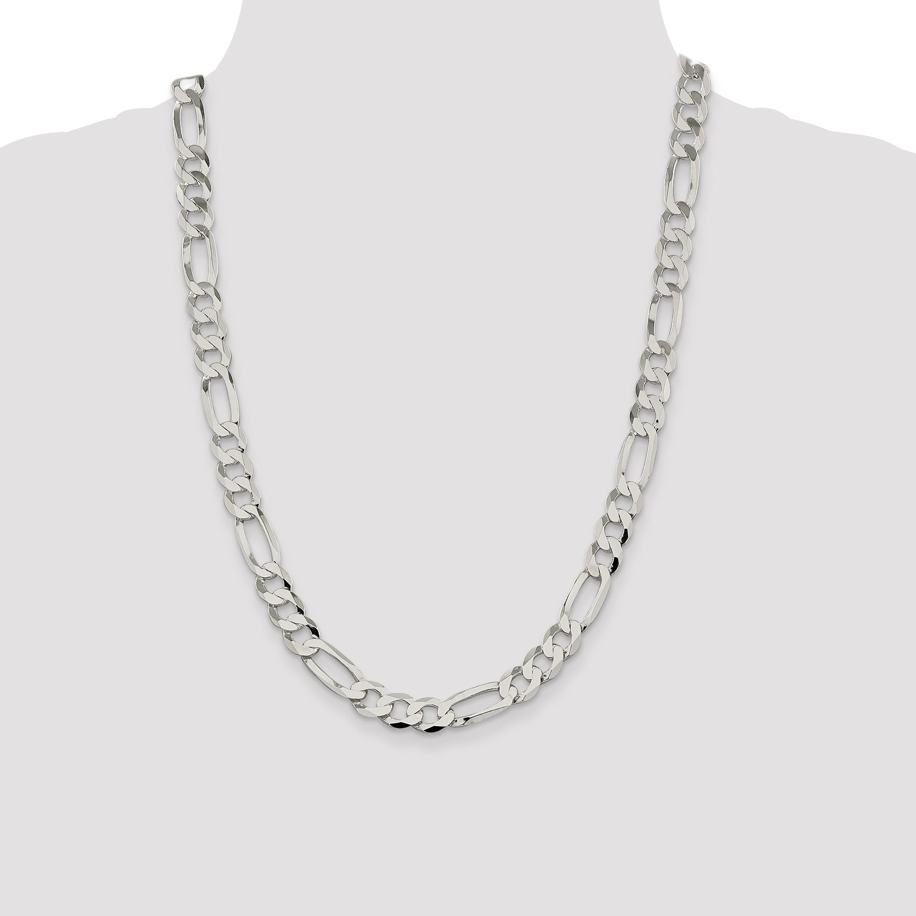 24 Inch Sterling Silver 9.7mm Lightweight Flat Figaro Chain Necklace