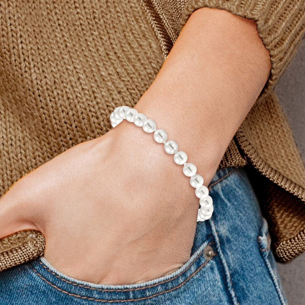 Sterling Silver Majestik Rhodium-Plated 7-8mm Imitation Shell Pearl And Cz 8.5 Inch Anklet With 2 Extender