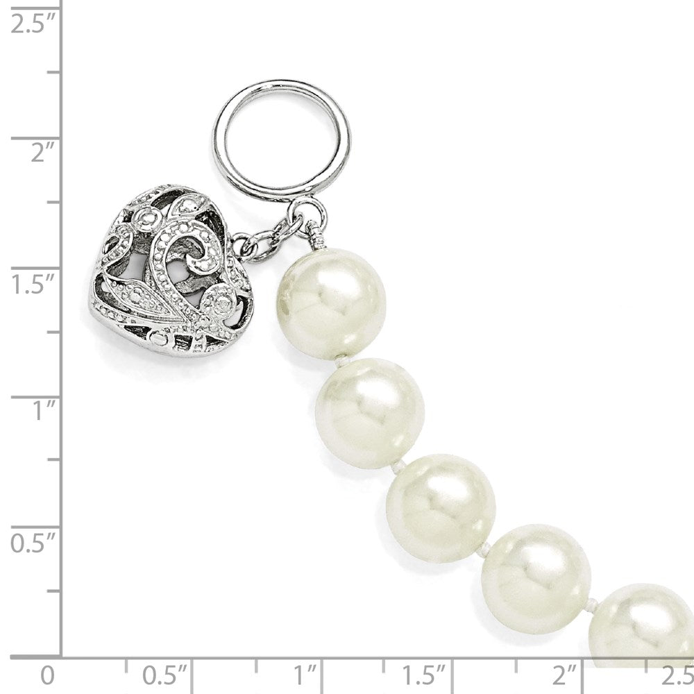 8 Inch Majestik Sterling Silver Rhodium-Plated 10-11mm White Imitation Shell Pearl With Heart Hand-Knotted Bracelet