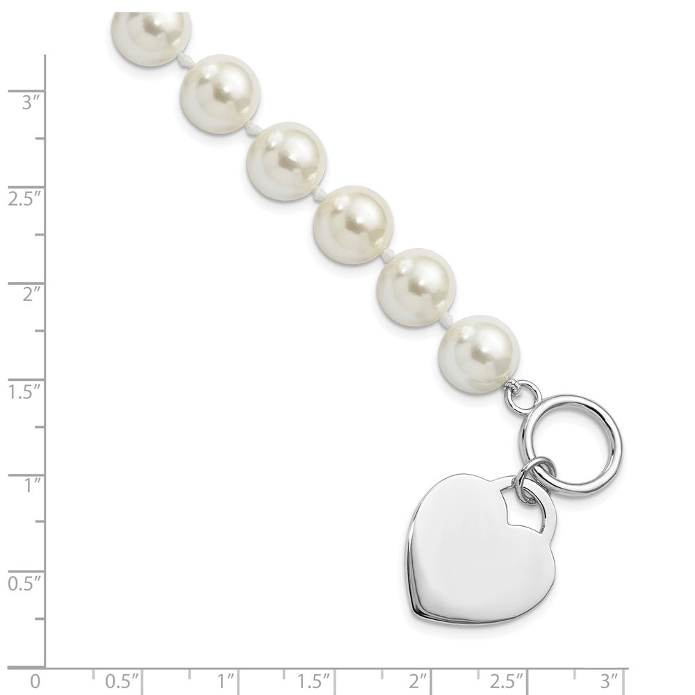 8 Inch Majestik Sterling Silver Rhodium-Plated 10-11mm White Imitation Shell Pearl Engravable Heart Hand-Knotted Bracelet