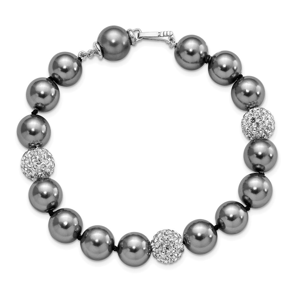 8 Inch Majestik Sterling Silver Rhodium-Plated 10-11mm Dark Grey Imitation Shell Pearl Crystal Hand-Knotted Bracelet