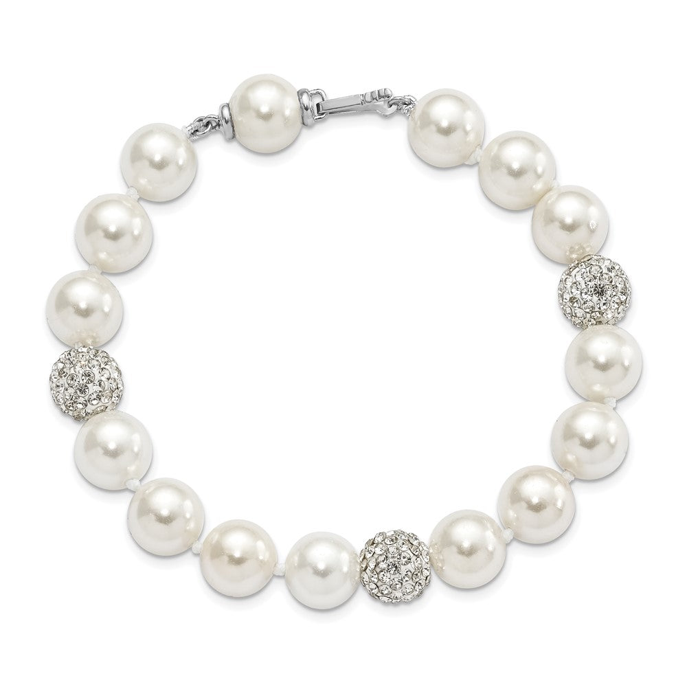 8 Inch Majestik Sterling Silver Rhodium-Plated 10-11mm White Imitation Shell Crystal Hand-Knotted Bracelet