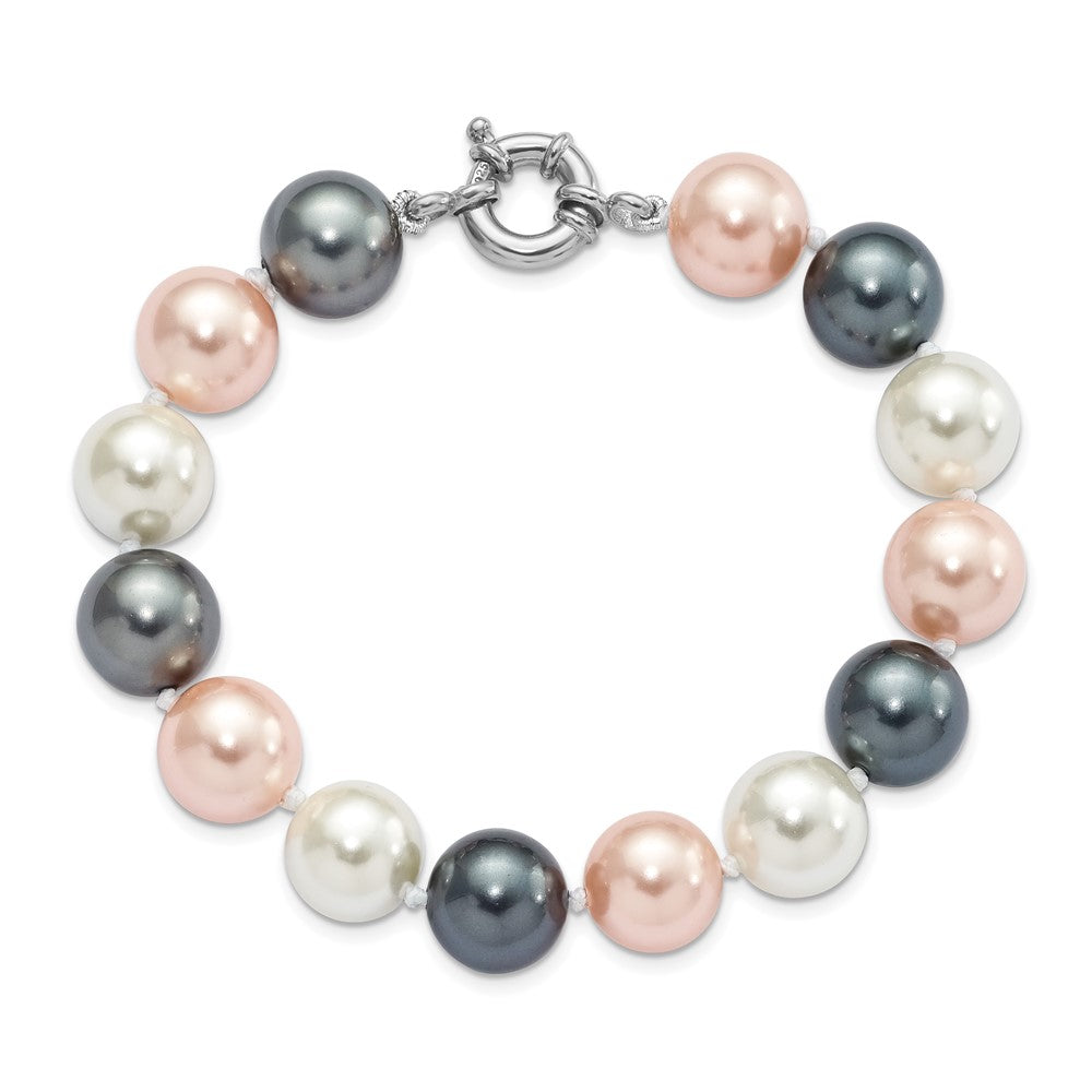 7.5 Inch Majestik Sterling Silver Rhodium-Plated 12-13mm Multi-Color Imitation Shell Pearl Hand-Knotted Bracelet