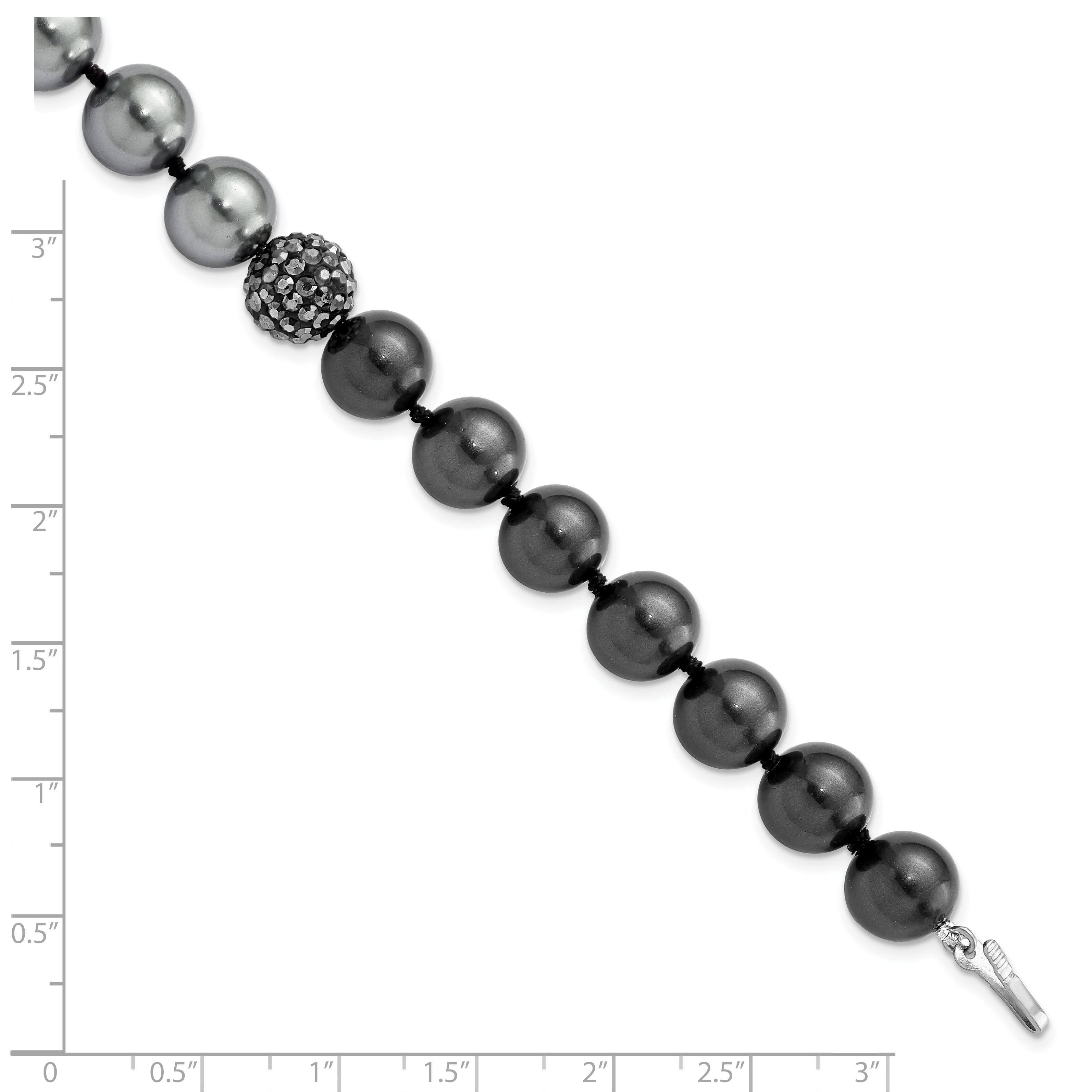 7.5 Inch Majestic Sterling Silver Rhodium-Plated 10-11mm Dk Grey/Black Imitation Shell Pearl Crystal Hand-Knotted Bracelet