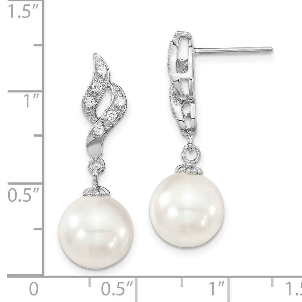 Sterling Silver Majestik Rhodium-Plated 10-11mm White Imitation Shell Pearl And Cz Dangle Earrings