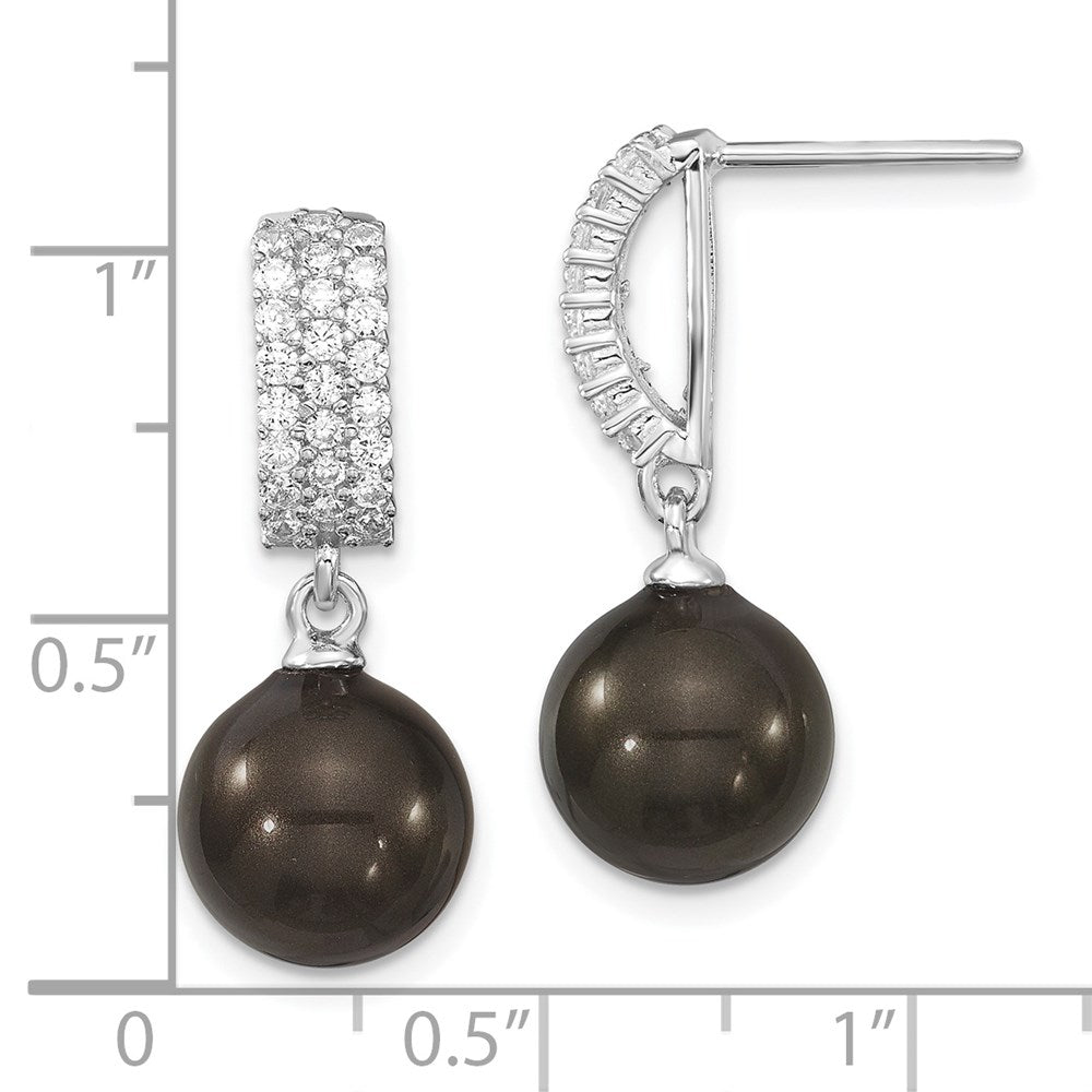 Sterling Silver Majestik Rhodium-Plated 10-11mm Black Imitation Shell Pearl And Cz Post Dangle Earrings