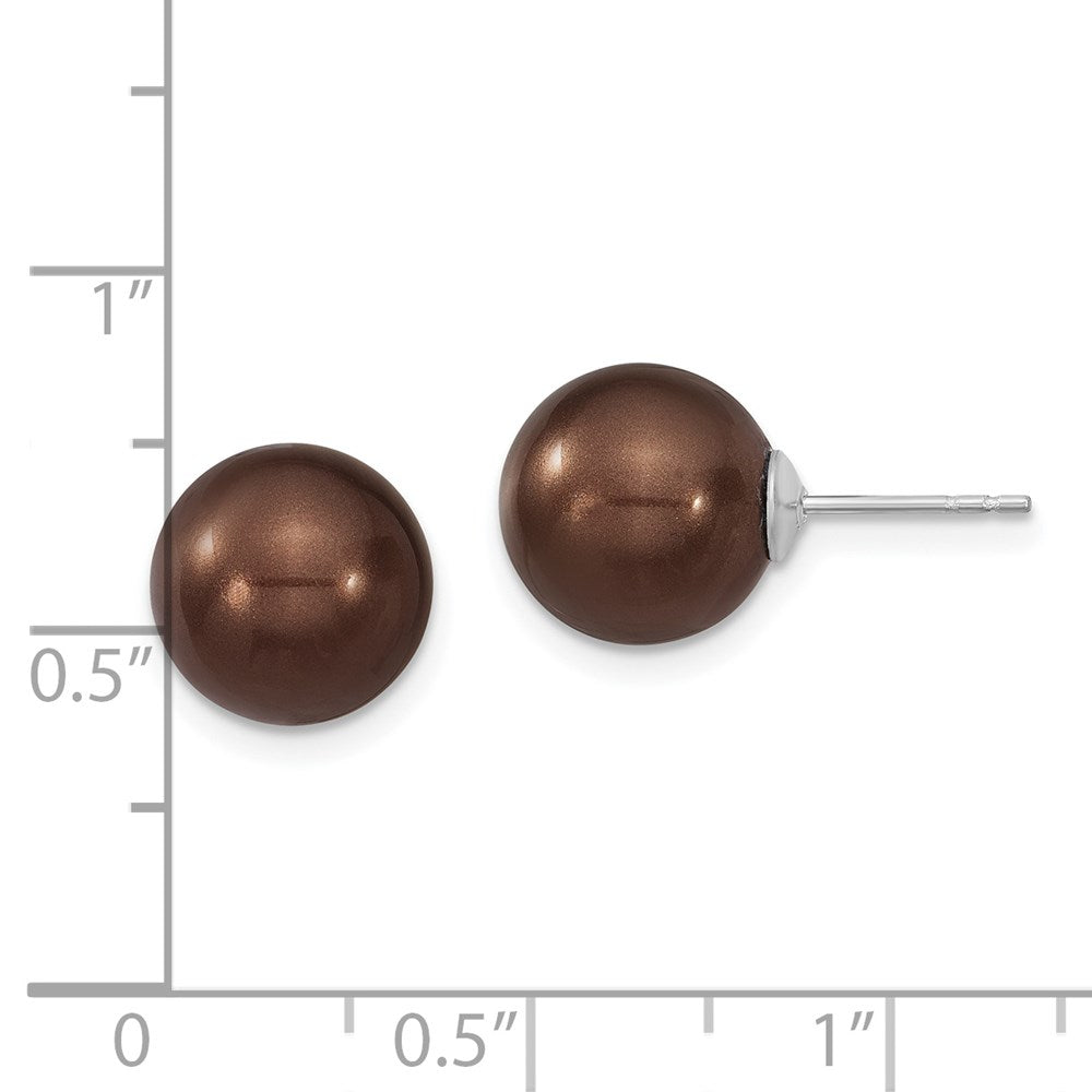 Sterling Silver Majestik Rhodium-Plated 10-11mm Brown Imitation Shell Pearl Stud Earrings