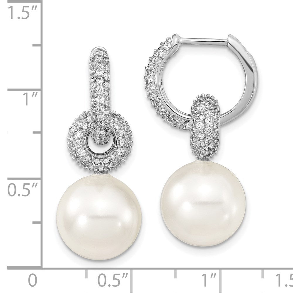 Sterling Silver Majestik Rhodium-Plated 12-13mm White Imitation Shell Pearl Dangle Endless Cz Hoop Earrings