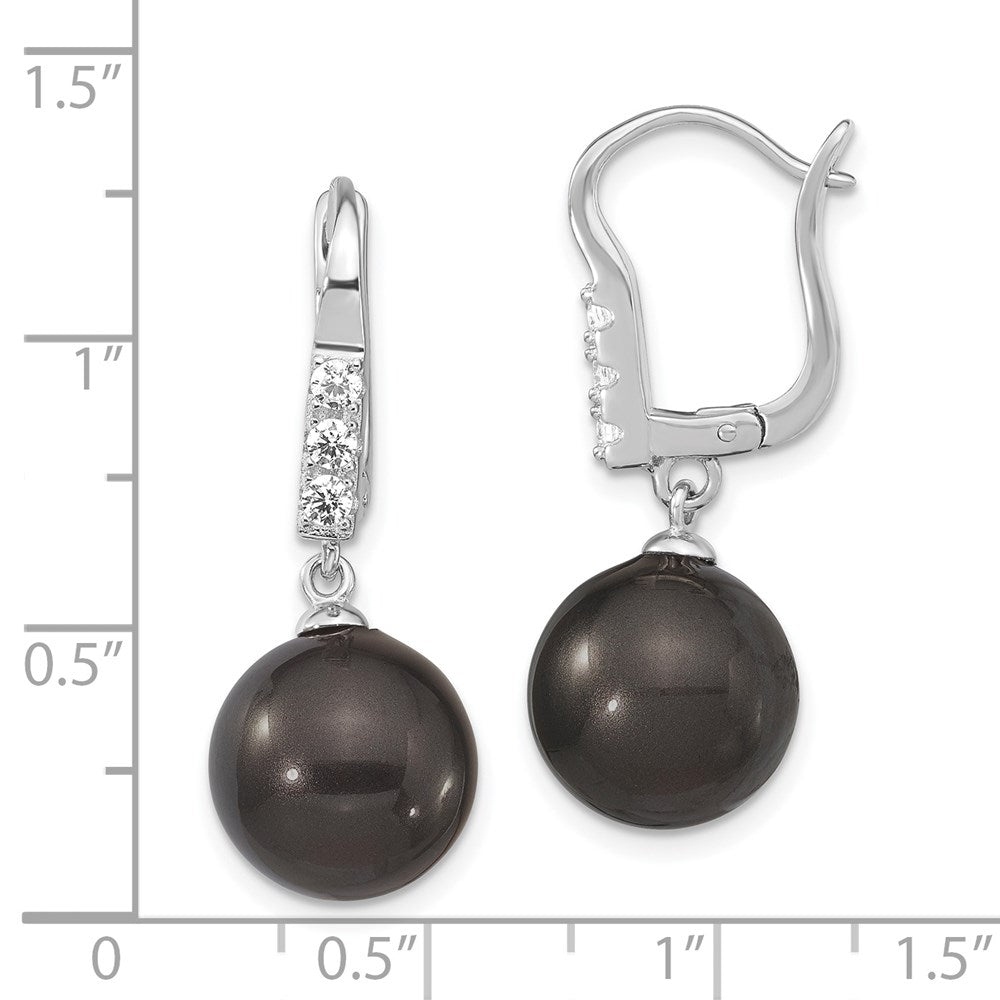 Sterling Silver Majestik Rhodium-Plated 10-11mm Black Imitation Shell Pearl Cz Hinged Post Dangle Earrings