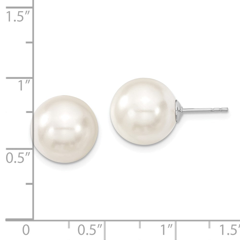 Sterling Silver Majestic Rhodium-Plated 12-13mm White Imitation Shell Pearl Stud Earrings