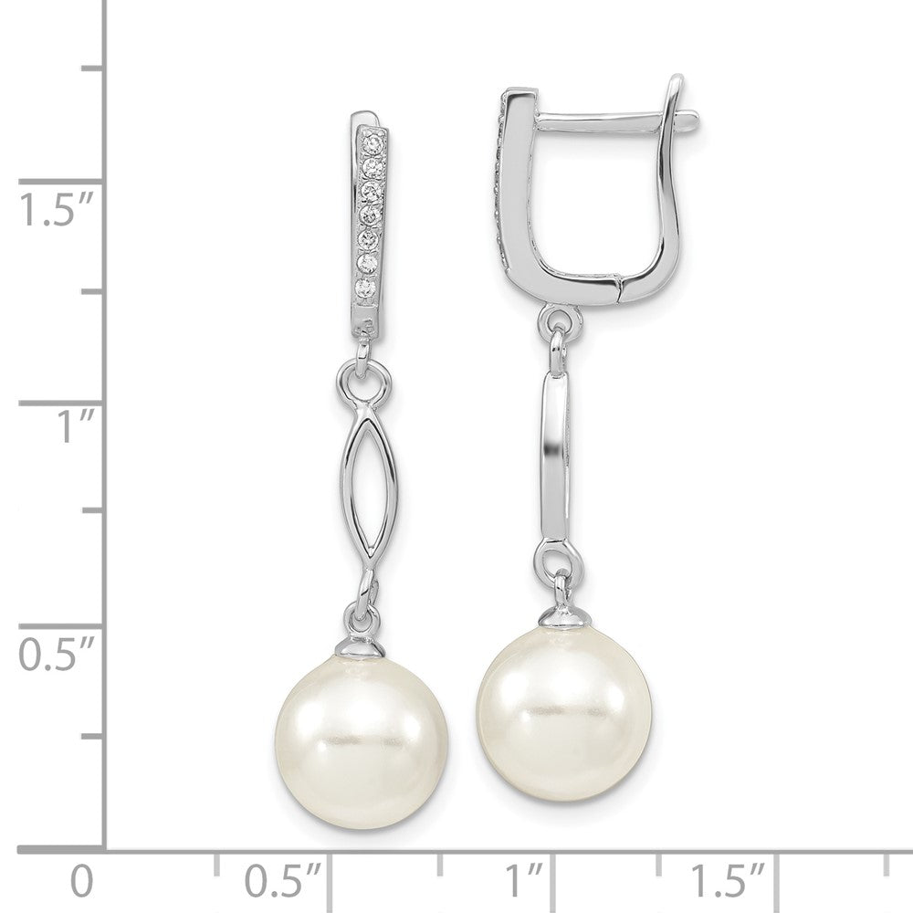 Sterling Silver Majestik Rhodium-Plated Cz Hinged Hoop With 10-11mm White Imitation Shell Pearl Dangle Post Earrings