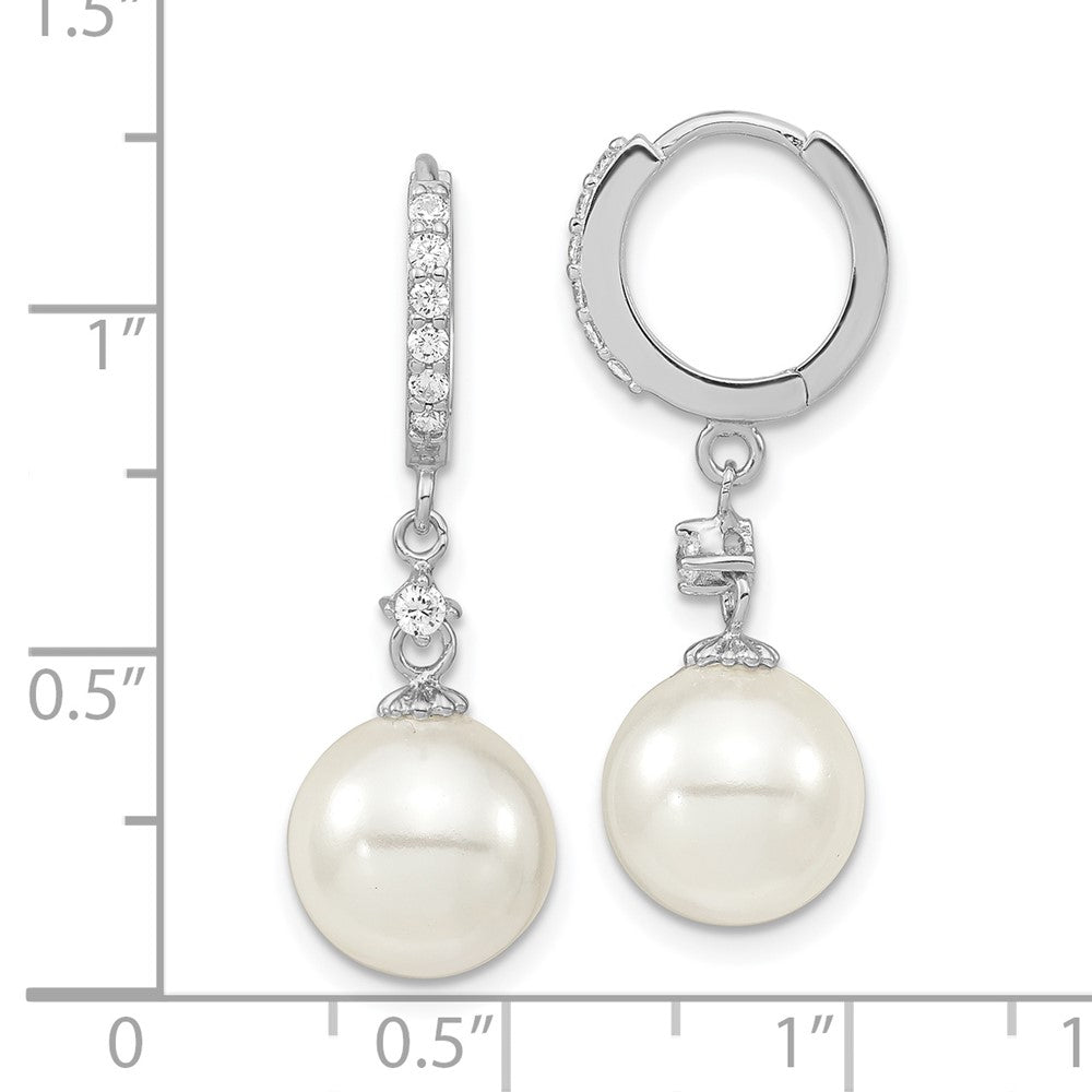 Sterling Silver Majestic Rhodium-Plated 10-11mm White Imitation Shell Pearl Cz Hinged Hoop Dangle Earrings