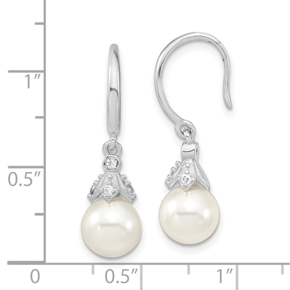 Sterling Silver Majestic Rhodium-Plated 8-9mm White Imitation Shell Pearl Cz Dangle Earrings