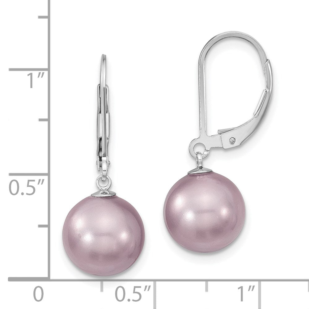 Sterling Silver Majestik Rhodium-Plated 10-11mm Purple Imitation Shell Pearl Leverback Dangle Earrings